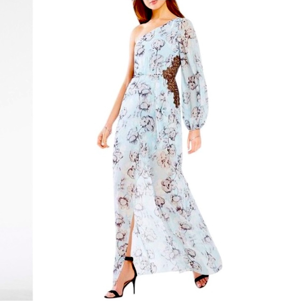 BCBG one-shoulder floral gown